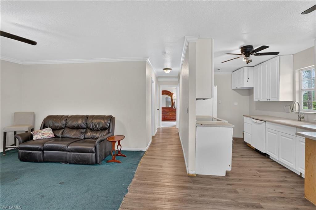 Living room and kitchen with a leather sofa, teal carpet, white cabinets, and wood-look flooring.