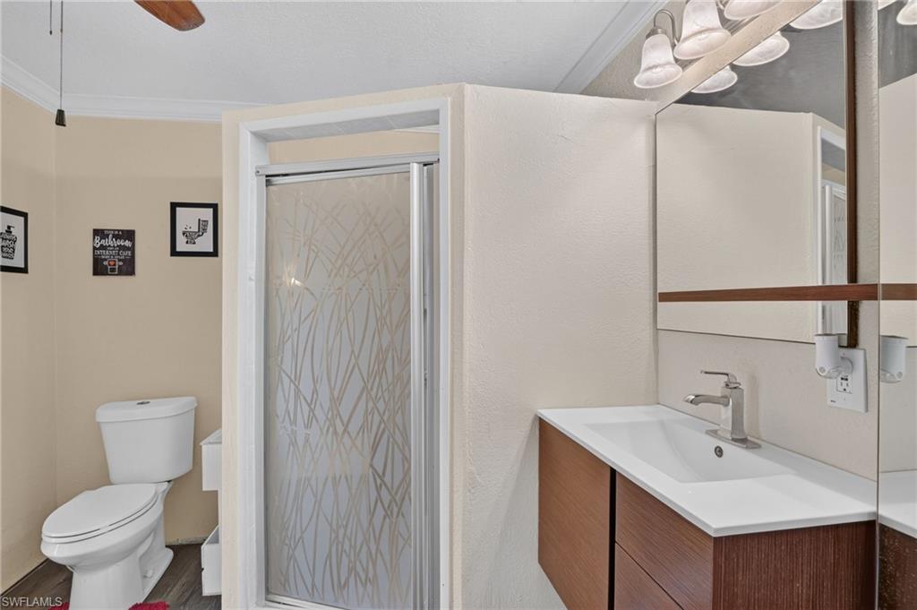 Bathroom with a patterned glass shower, toilet, and wood-finish vanity with a white sink.
