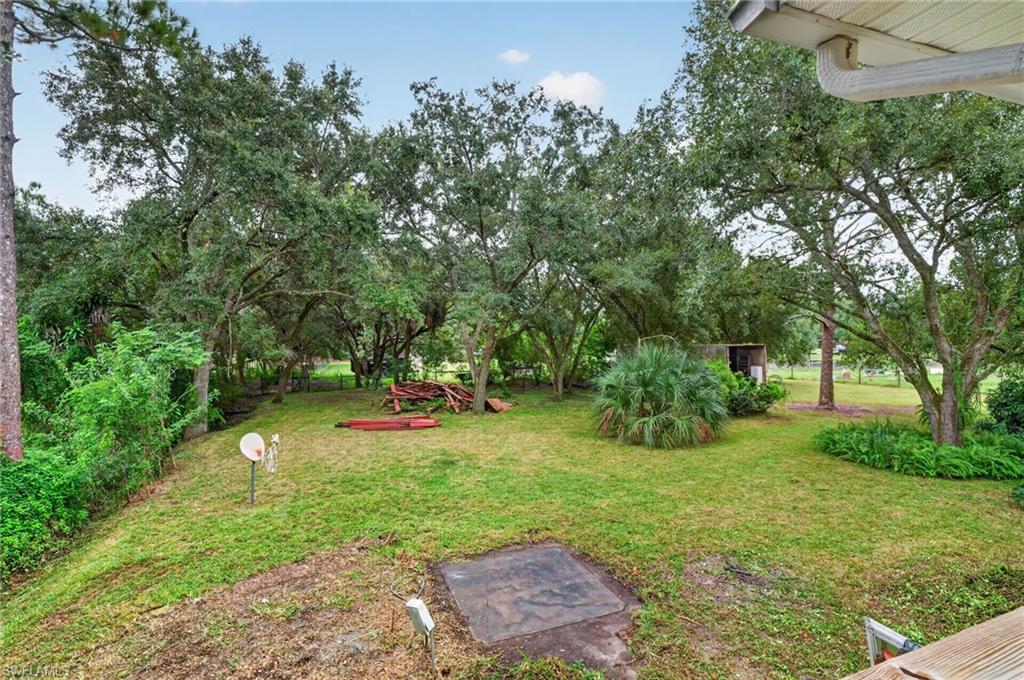 Tree-lined grassy backyard with a small shed, satellite dish, and paved pad.