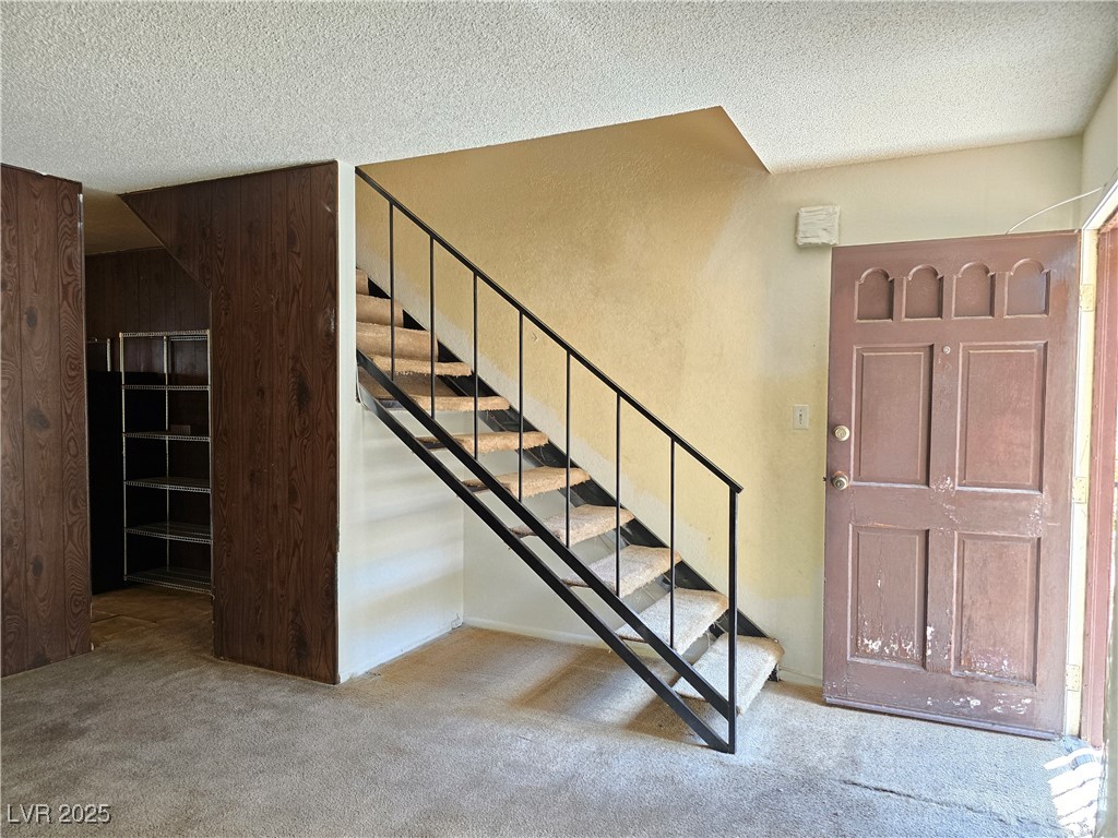 Entryway with carpeted staircase, black railing, and dark wood-paneled closet.