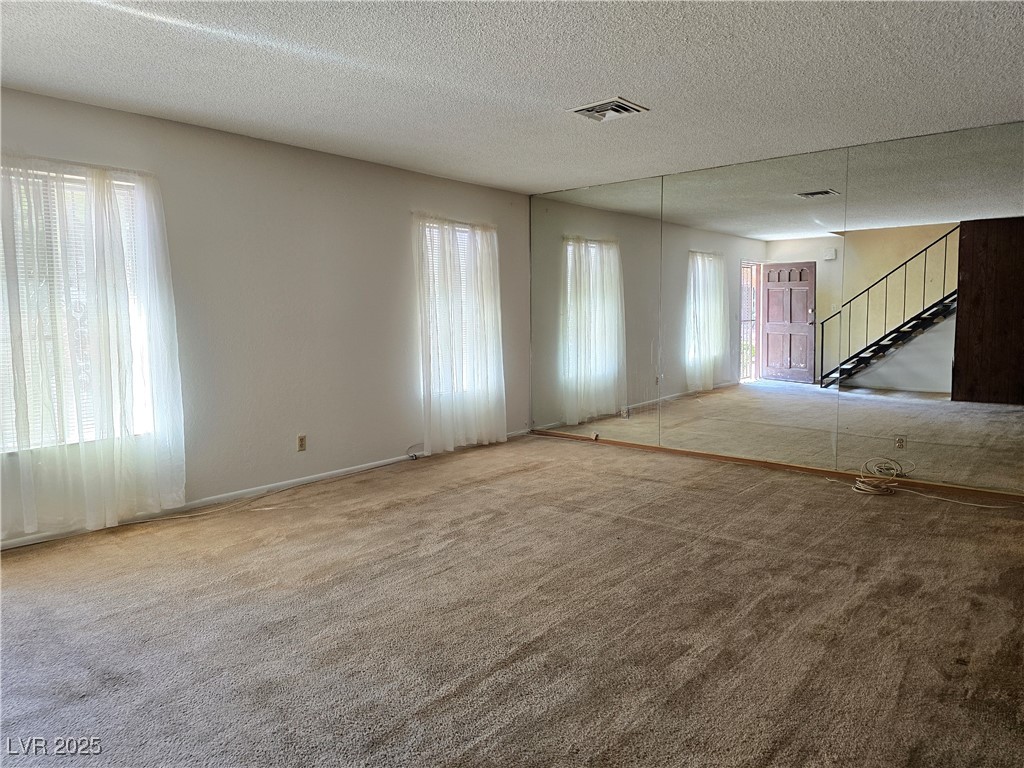 Empty carpeted living room with sheer-curtained windows and a full mirrored wall.