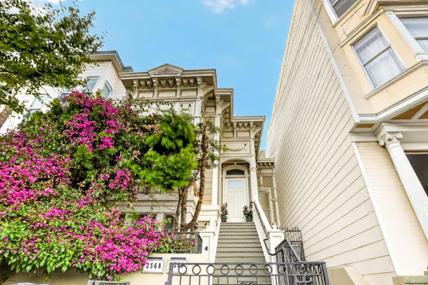 Ornate home entrance with a raised staircase, iron railings, and pink flowering shrubs.