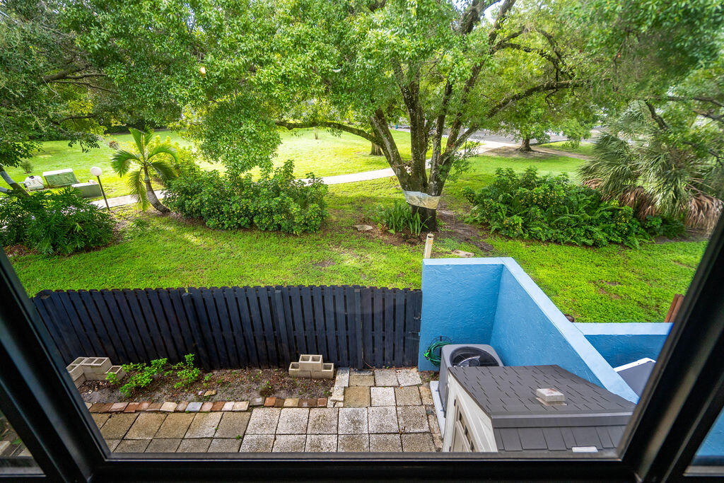 Fenced patio overlooking a leafy yard with mature trees, palms, and a paved path.