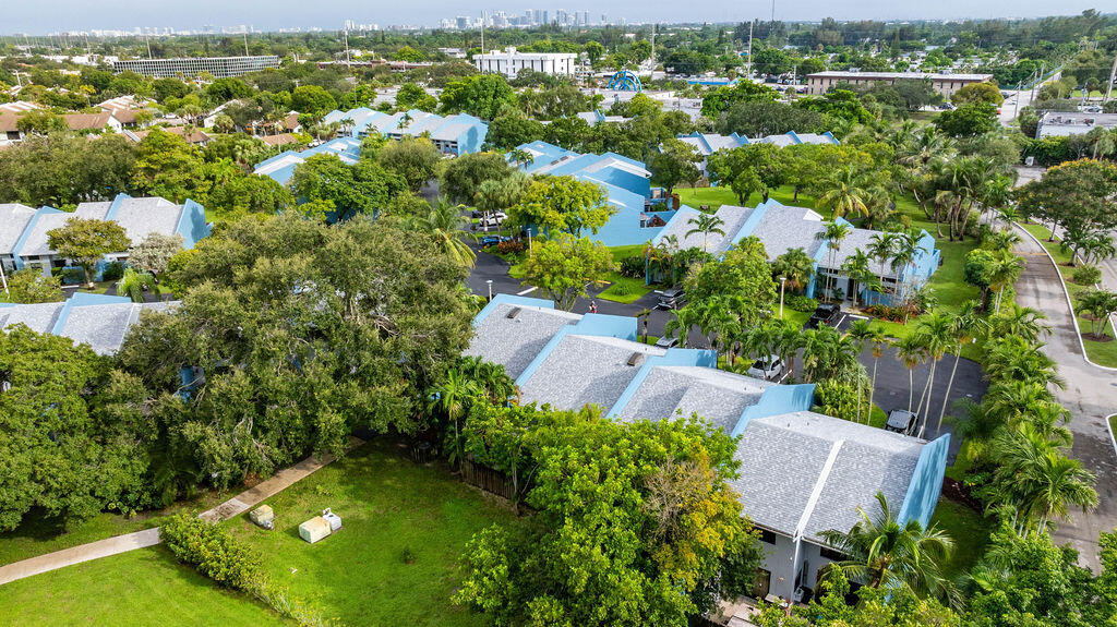 Aerial view of blue-roofed homes among palms, with a distant city skyline.