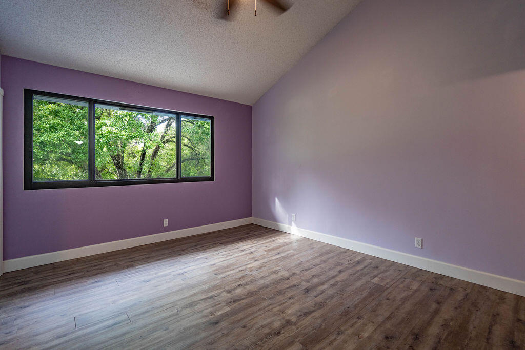 Empty room with purple walls, wood-look flooring, and a wide window facing leafy trees.