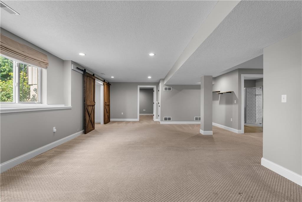 Finished basement with beige carpet, gray walls, rustic barn doors, and a tiled shower doorway.