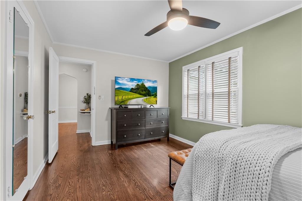 Bedroom with hardwood floors, a muted green wall, white window shutters, and a ceiling fan.