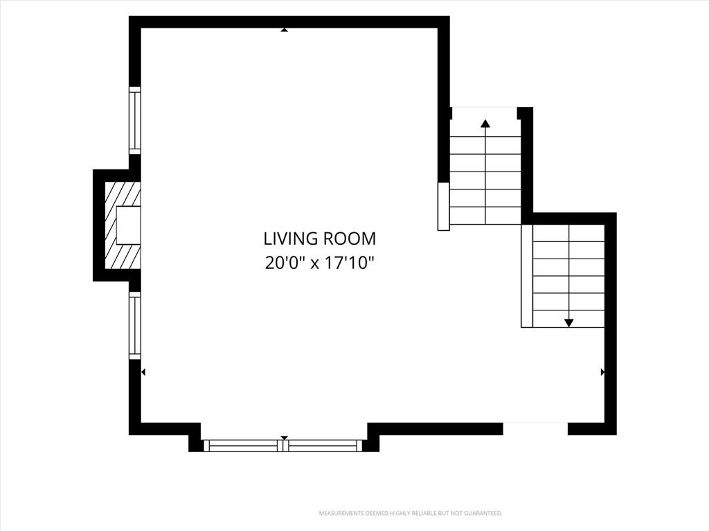 Living room floor plan labeled 20 feet by 17 feet 10 inches, with stairs and windows.