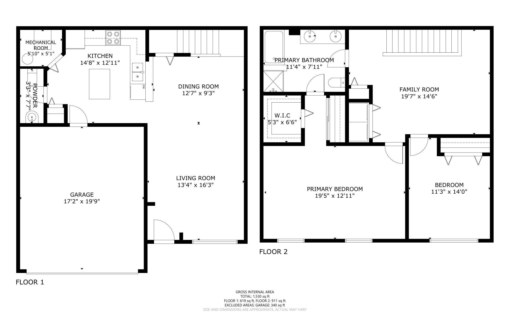 Two-floor home plan showing room layouts, dimensions, and a two-car garage.