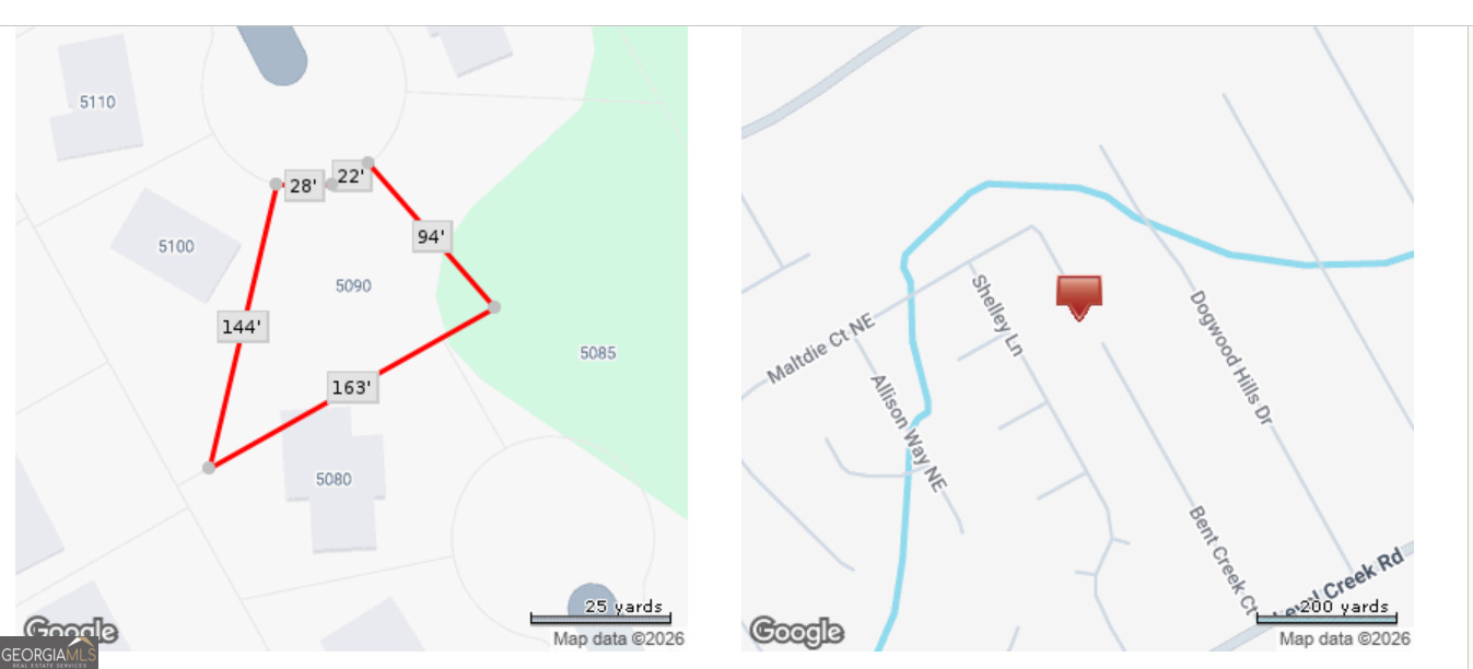 Map showing the red-outlined 5090 parcel with boundary measurements and a locator map of nearby streets.