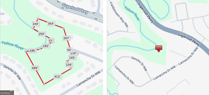 Property map showing the outlined lot and boundary measurements beside a location marker near Yellow River.