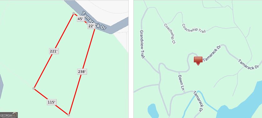 Map showing a red-outlined parcel with measurements beside its location on Tamarack Drive.