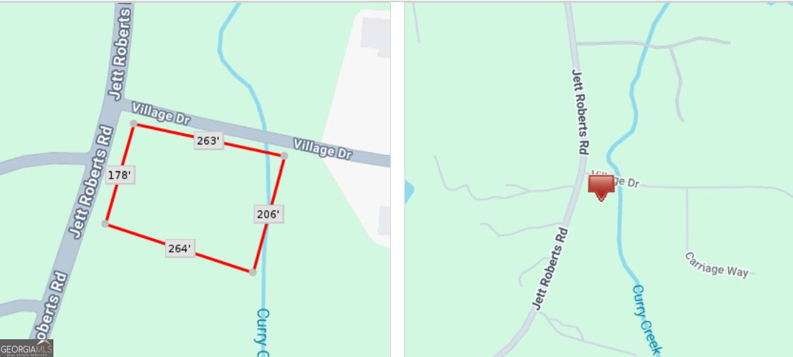 Map of a Village Drive property with its red-outlined lot and a location pin.