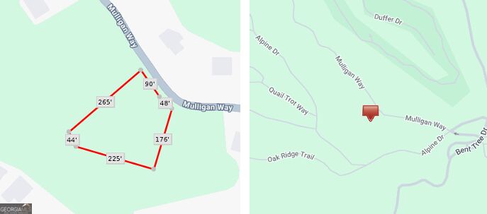 Map showing a measured parcel on Mulligan Way and its nearby location.