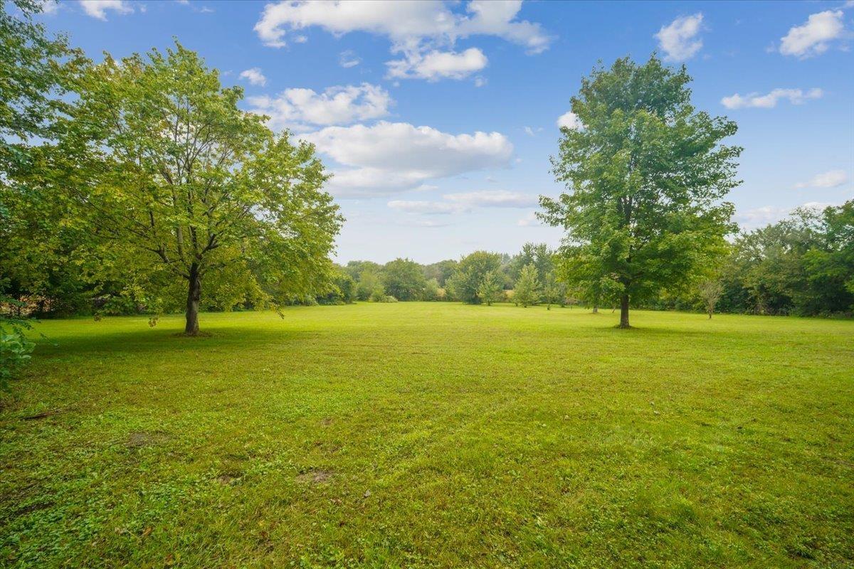 Open grassy yard framed by mature trees beneath a blue, partly cloudy sky.
