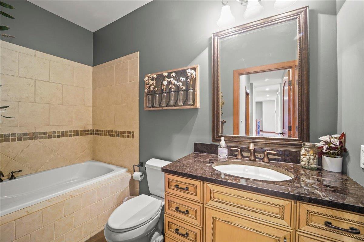 Bathroom with tiled bathtub, toilet, and wood vanity beneath a large framed mirror.