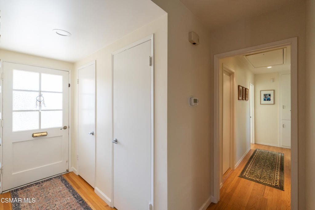 Entryway with a frosted-glass front door, hardwood floors, and a hallway with patterned rugs.