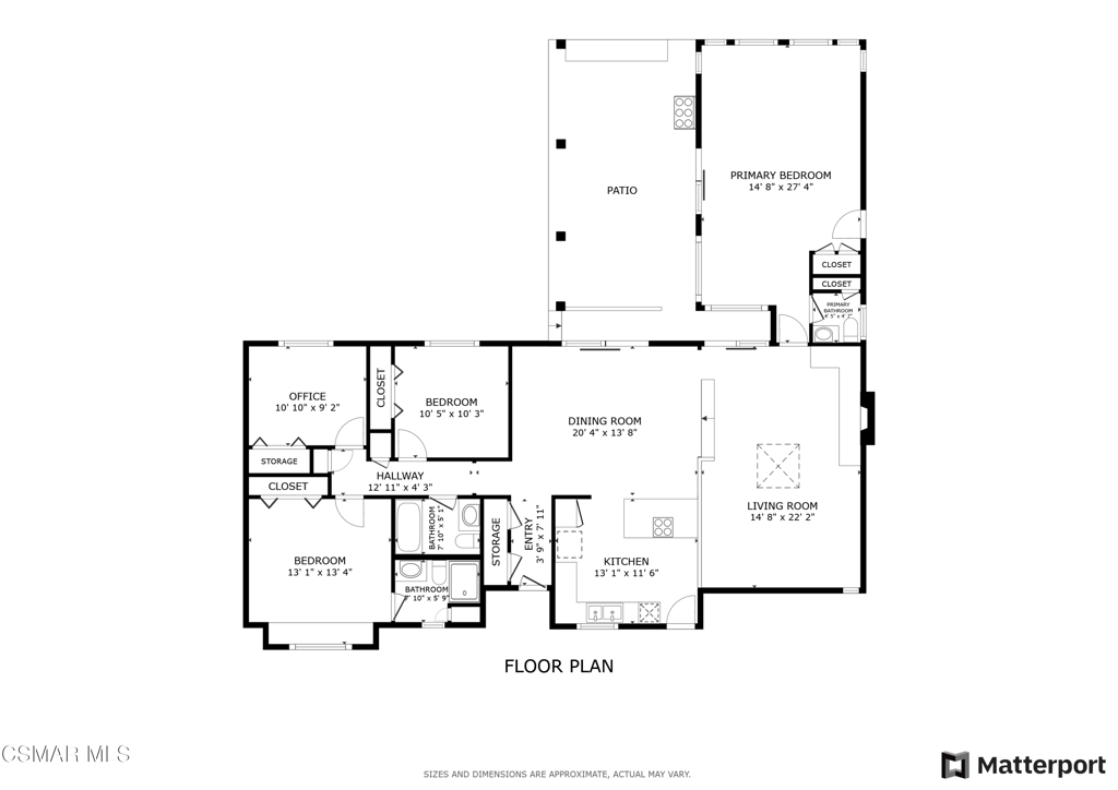 Floor plan showing the home’s rooms, patio, and approximate dimensions.