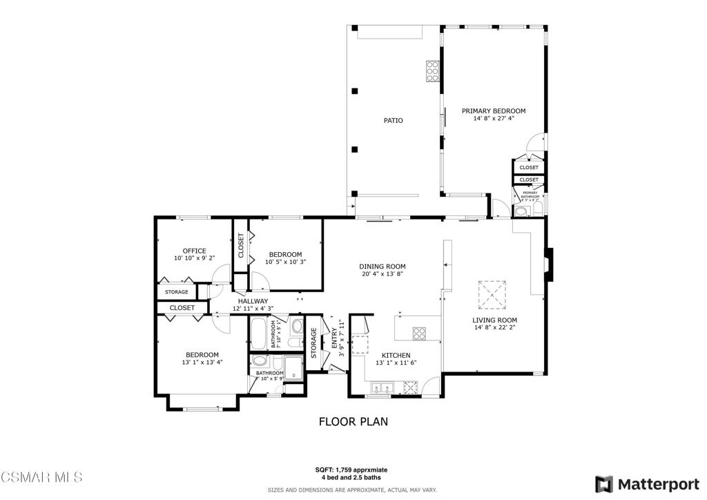 Floor plan with a large patio, primary bedroom, office, two additional bedrooms, and open living and dining areas.