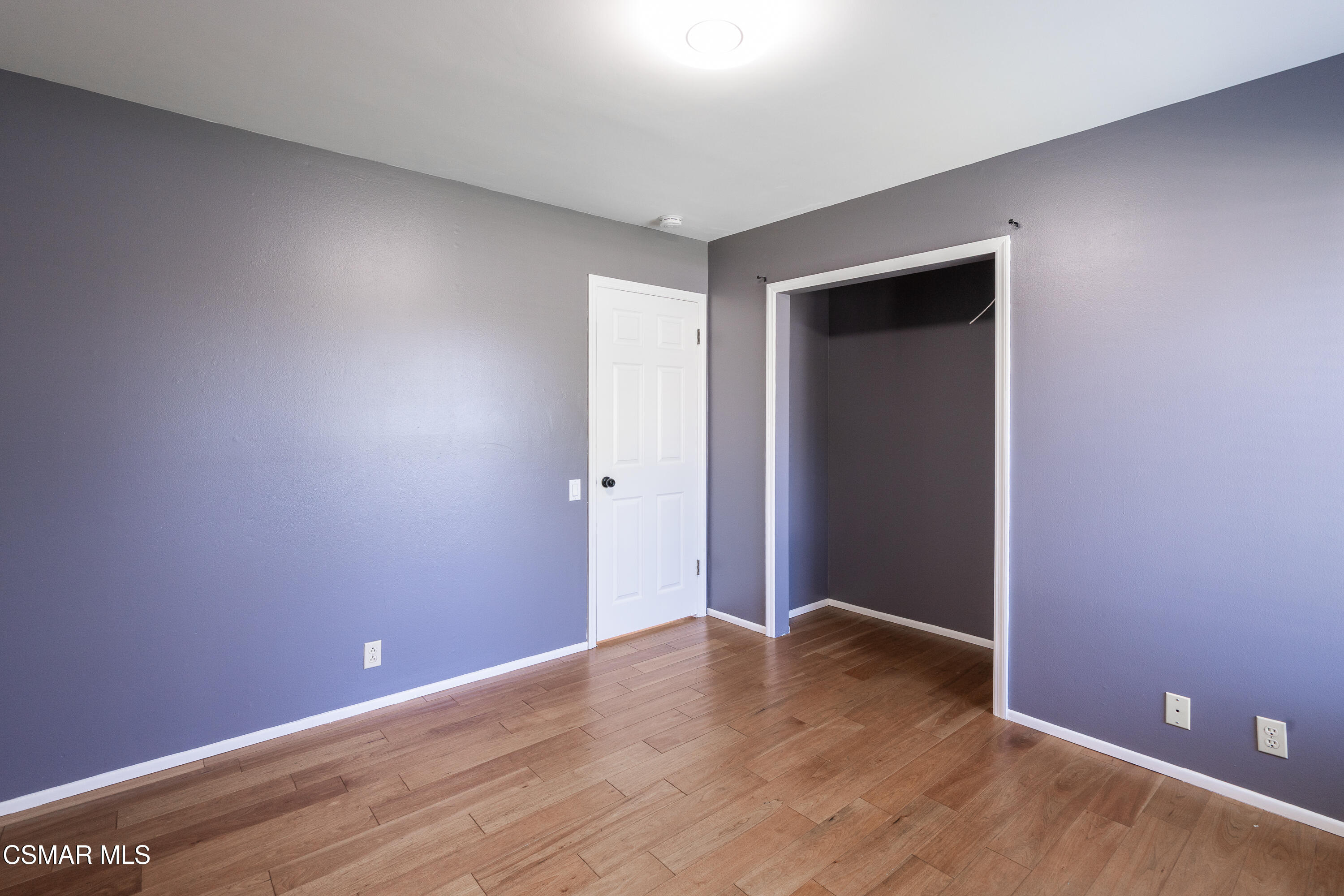 Empty bedroom with gray walls, wood-look flooring, and an open closet doorway.