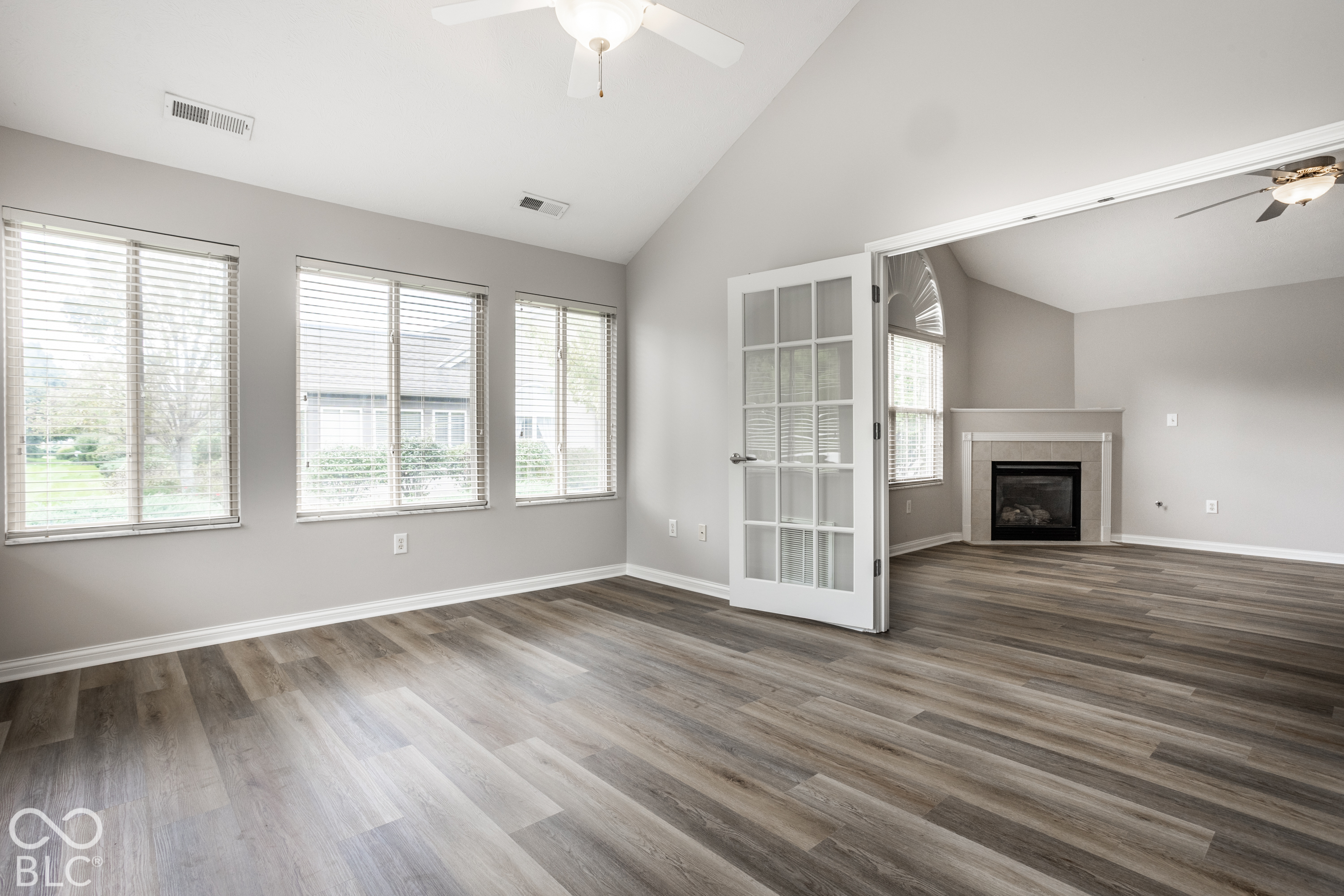 Vacant living room with plank flooring, three windows, and glass-panel doorway to adjoining fireplace room.