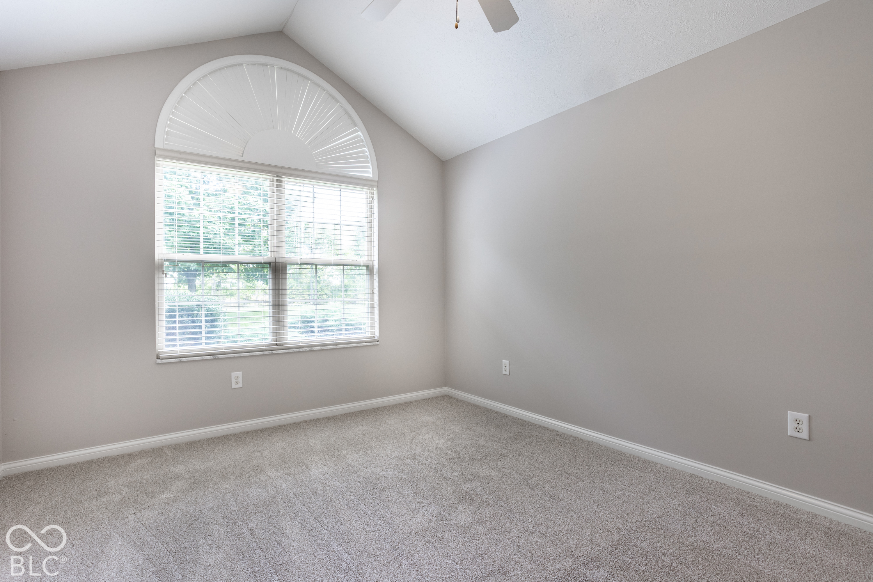 Empty bedroom with vaulted ceiling, light carpeting, and a large arched window with blinds.