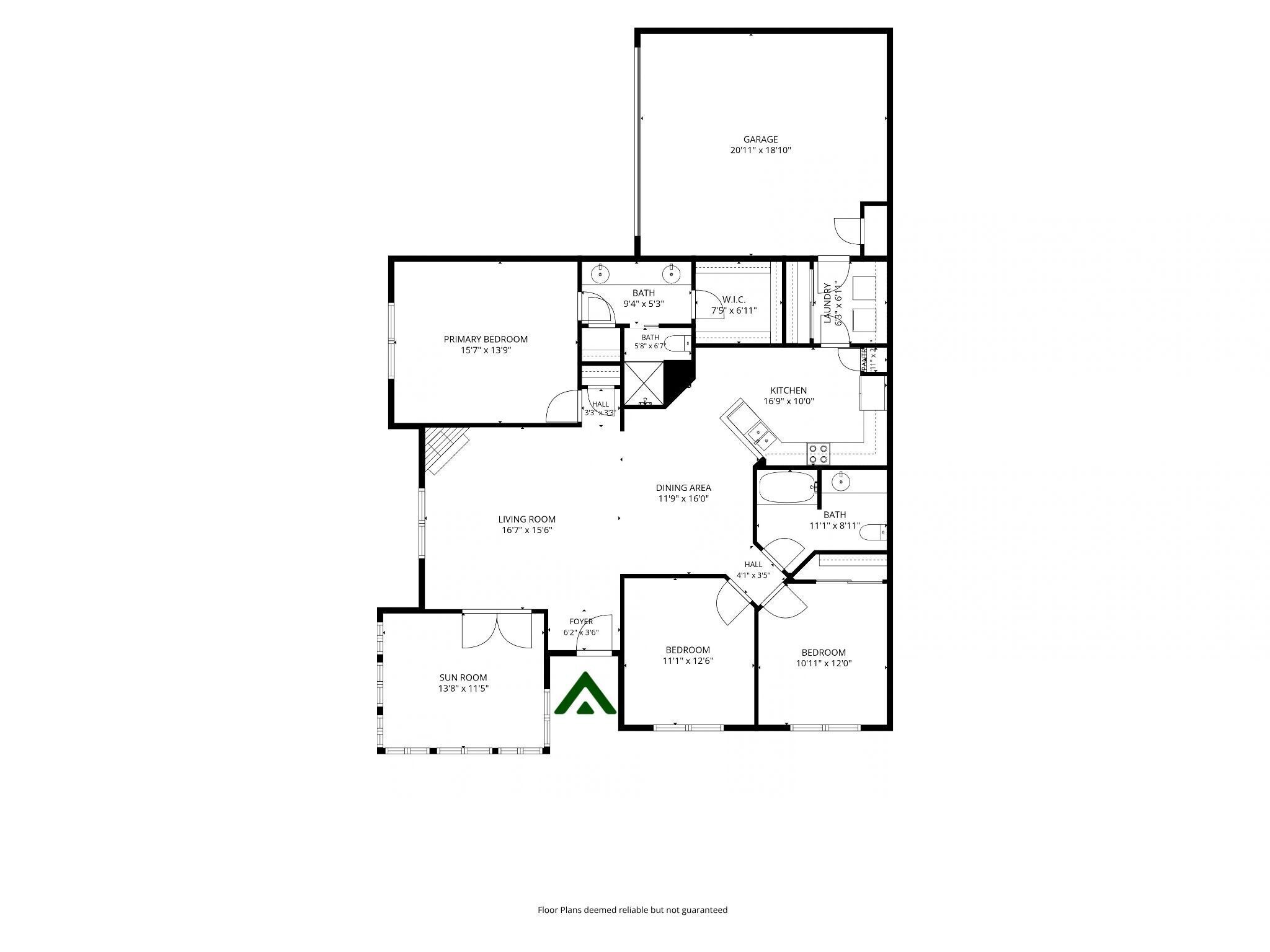 Floor plan showing three bedrooms, three bathrooms, a sun room, open living and dining areas, and an attached garage.