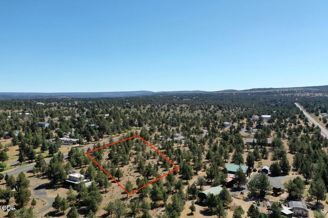 Aerial view of a tree-dotted vacant lot outlined in red among rural homes.