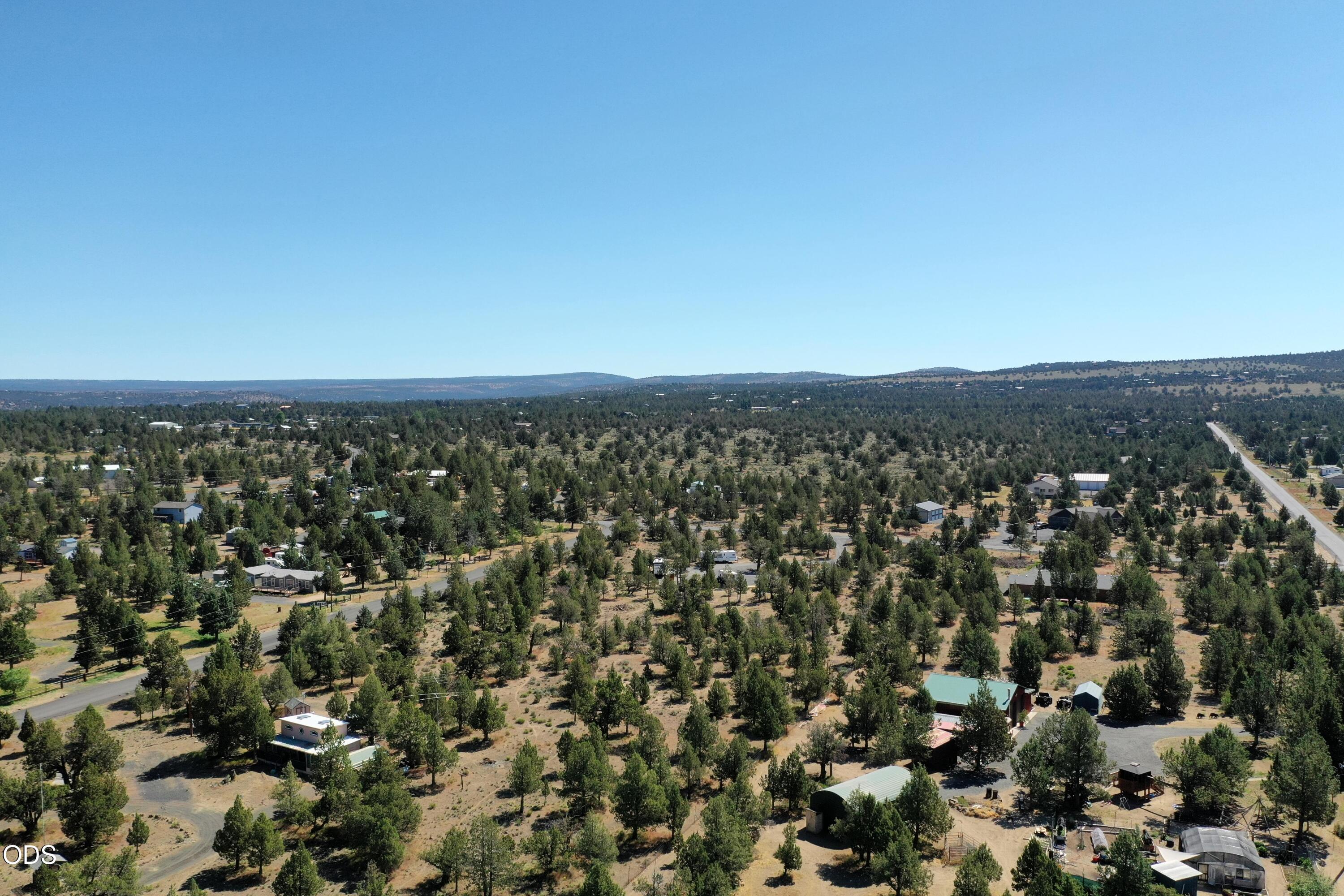 Aerial view of a tree-dotted rural area with scattered homes, outbuildings, and a road.