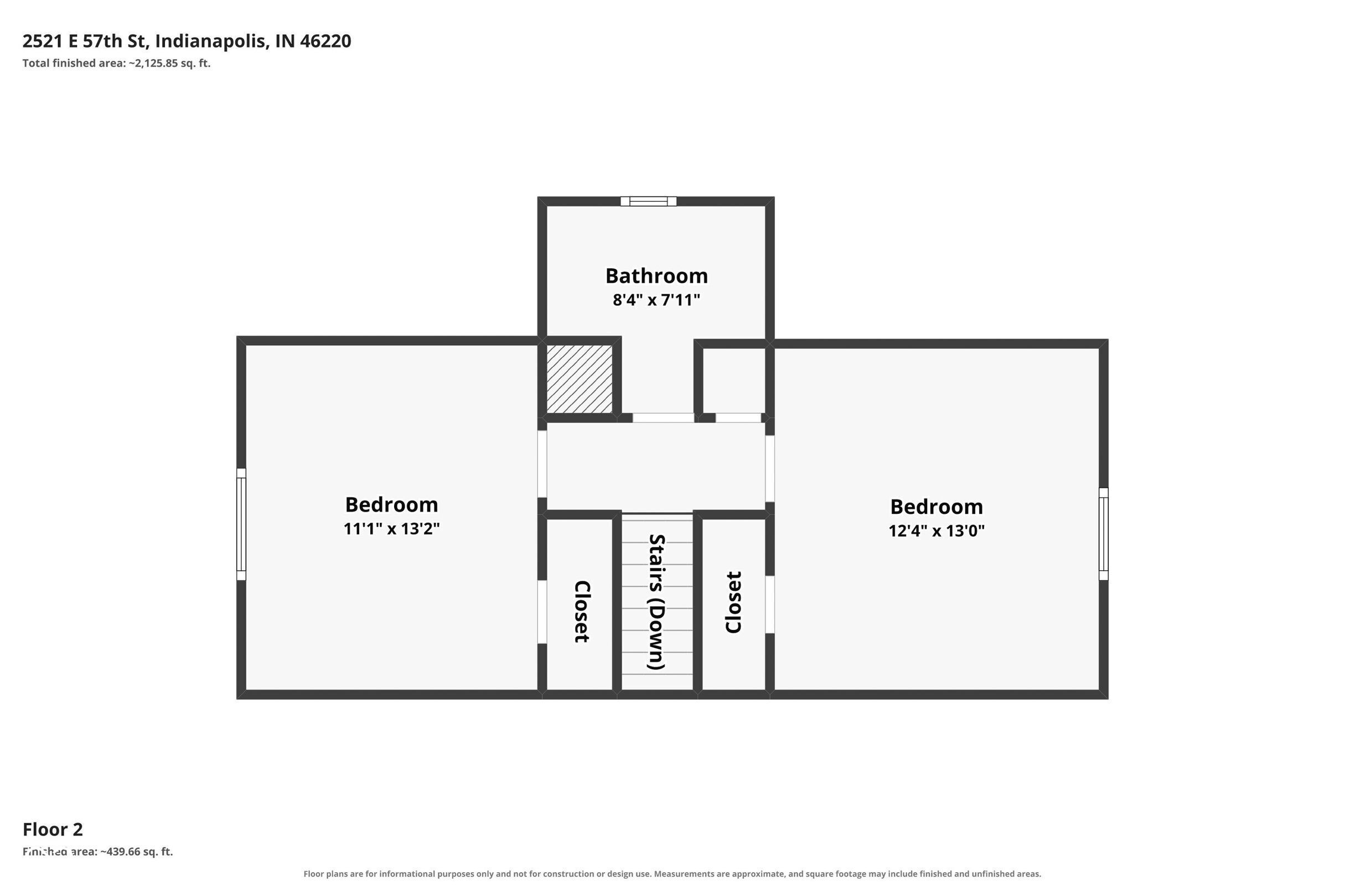 Second-floor plan with two bedrooms, a bathroom, closets, and stairs at 2521 E 57th Street.