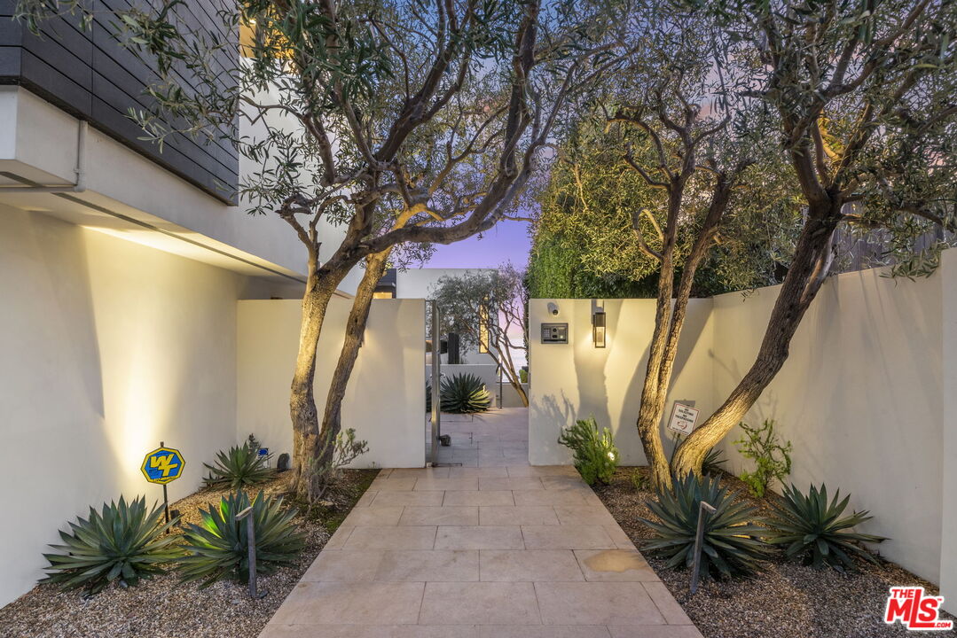 Modern home entrance with a paved walkway, mature trees, and agave landscaping.