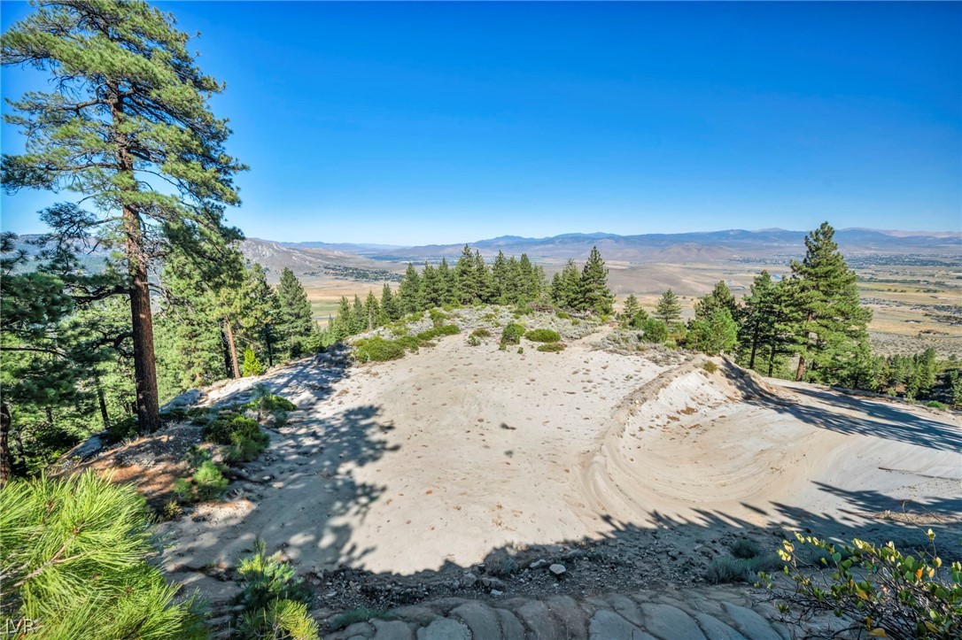 Sandy cleared land among pines overlooking a broad valley and distant mountains.