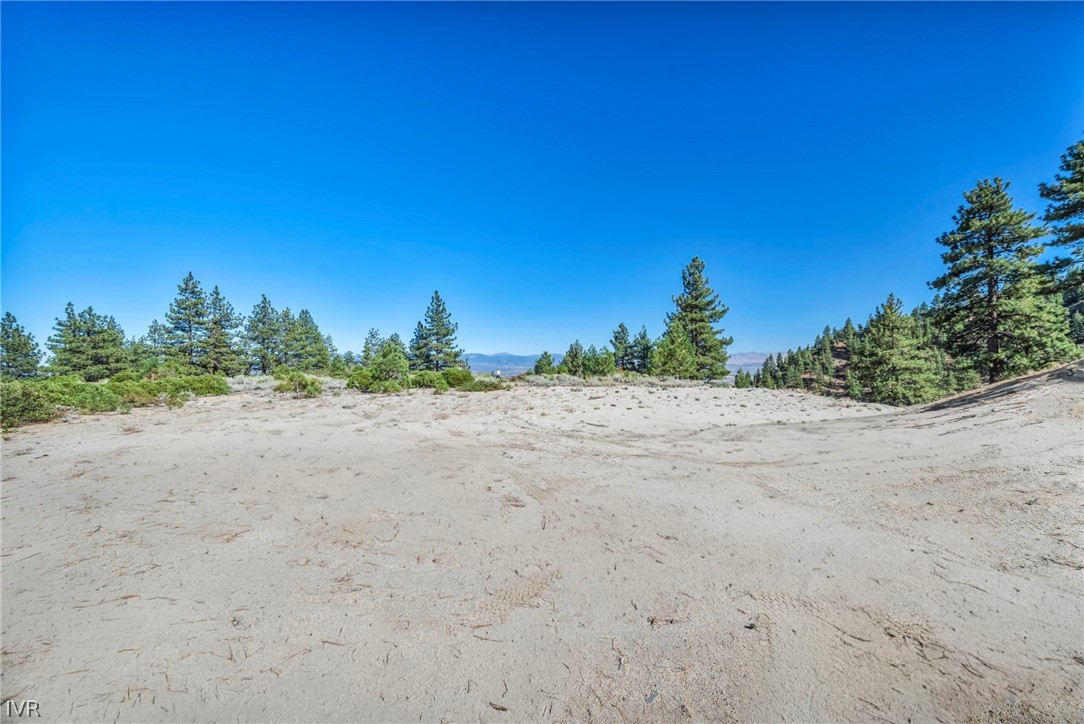 Sandy vacant lot bordered by pines, with distant mountain views.