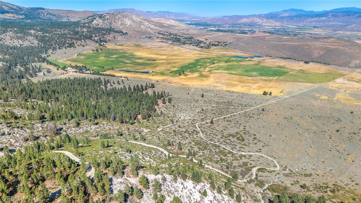 Aerial view of open valley land with winding dirt tracks, pine trees, fields, and distant mountains.
