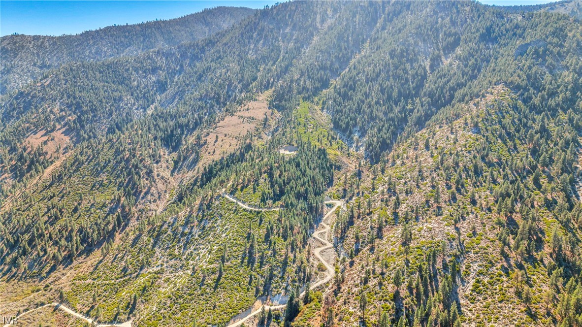 Aerial view of rugged, forested mountain land with open clearings and a winding dirt road.