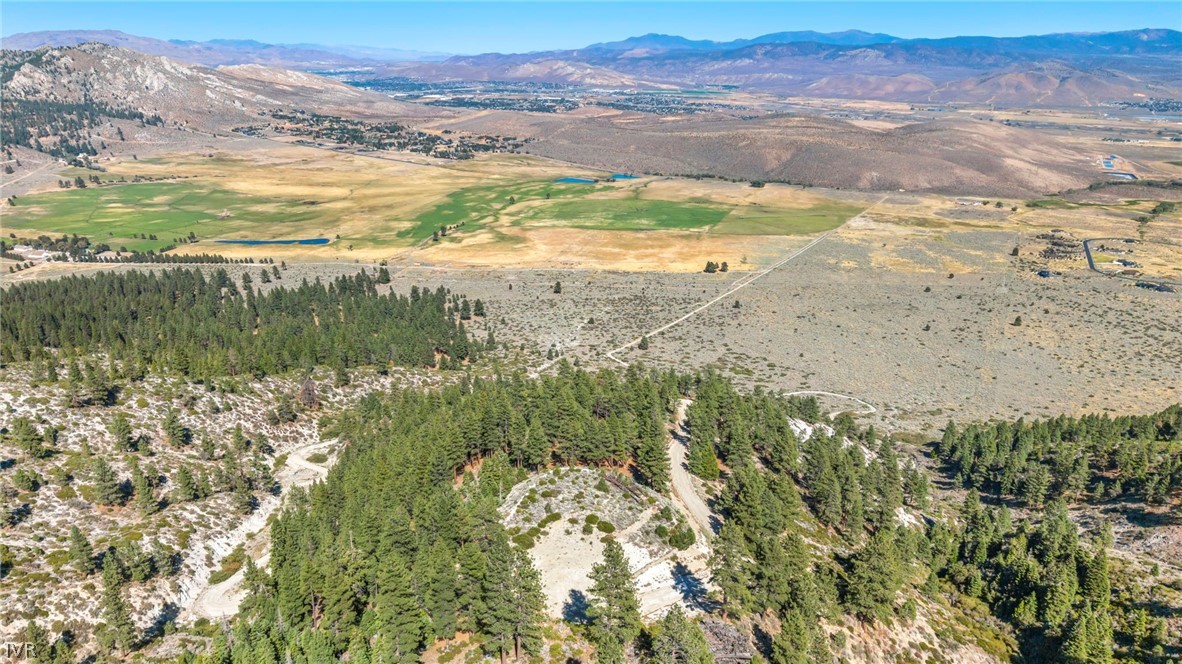 Aerial view of wooded land with a dirt road, open valley, and distant mountains.