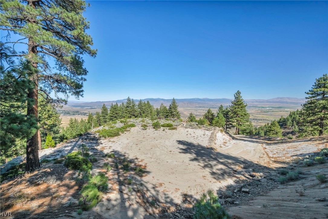 Rocky hillside lot with pine trees, a dirt track, and a valley and mountains beyond.