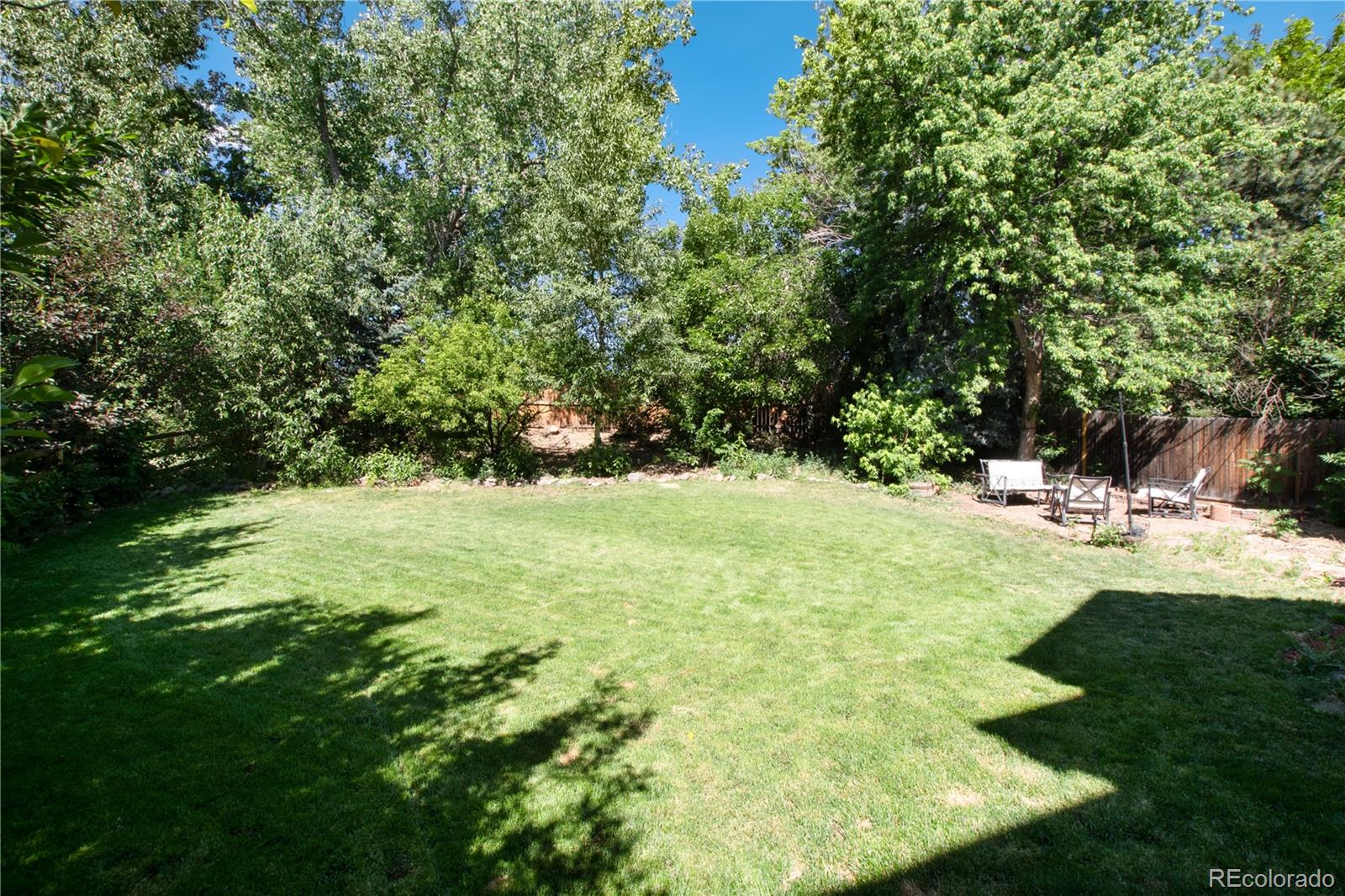 Backyard lawn bordered by mature trees, with patio seating beside a wooden fence.