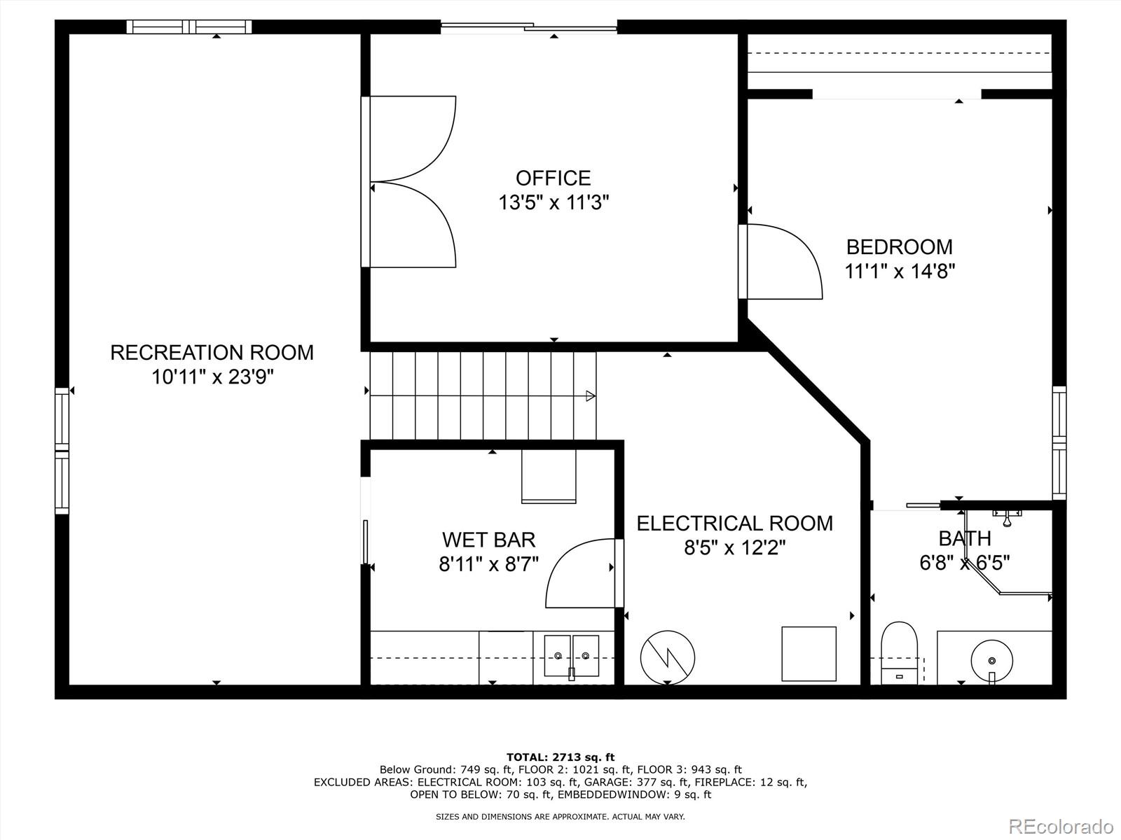 Lower-level floor plan with recreation room, office, bedroom, bathroom, wet bar, and electrical room.