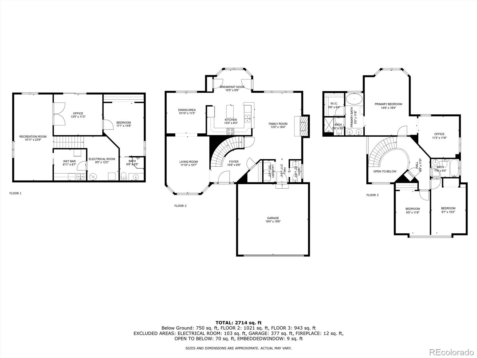 Three-level floor plan showing room layouts, approximate dimensions, and a total of 2,714 square feet.