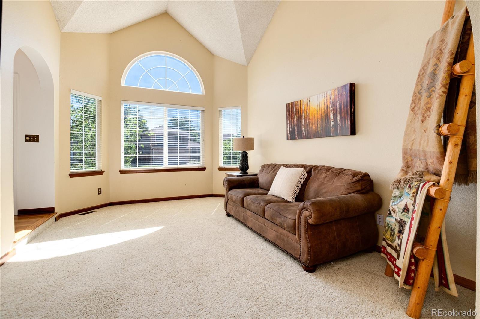 Living room with a brown sofa, vaulted ceiling, and arched window above the main windows.