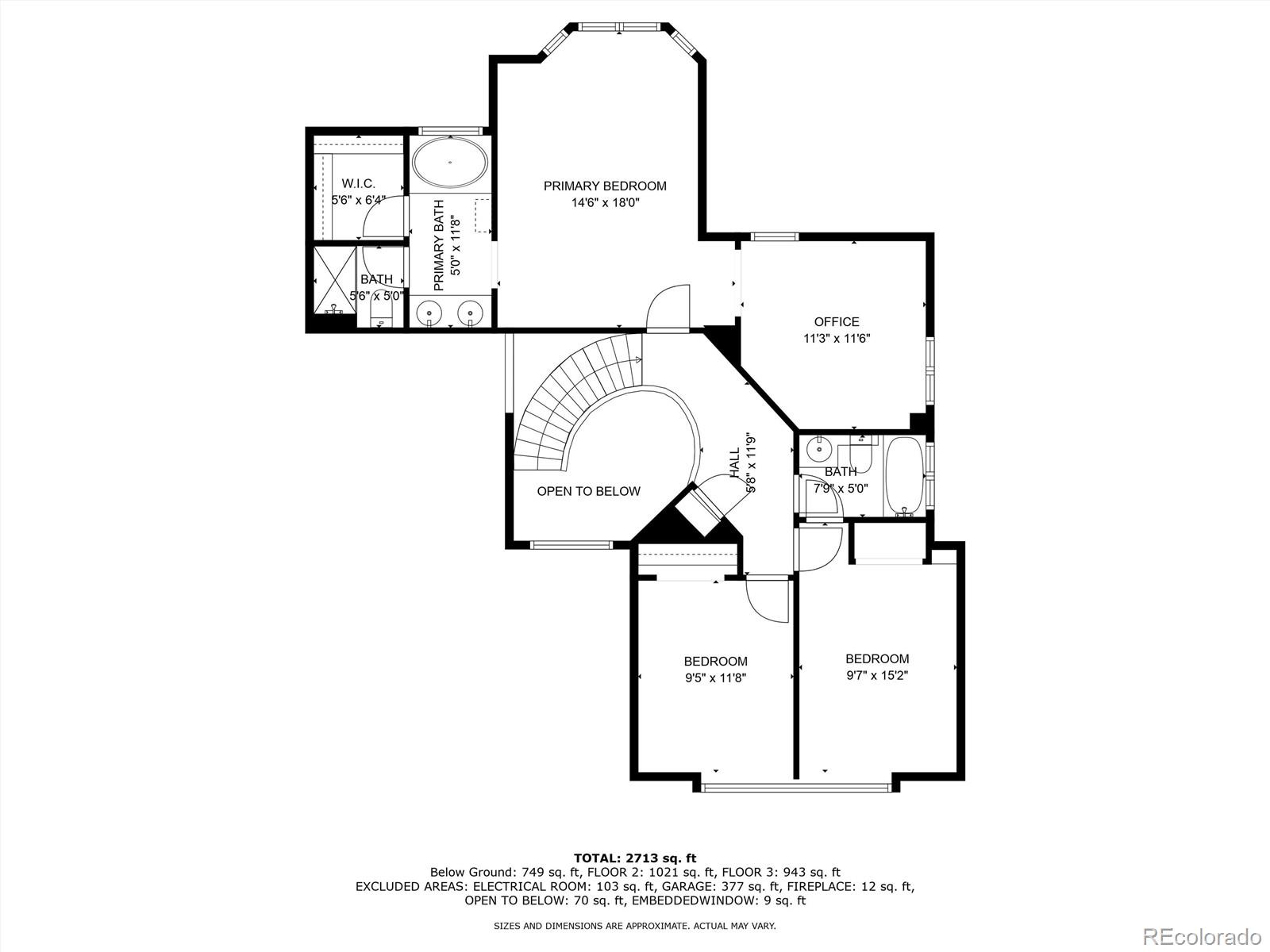 Second-floor plan with a primary bedroom, office, two bedrooms, bathrooms, and a curved staircase around an open-to-below hall.