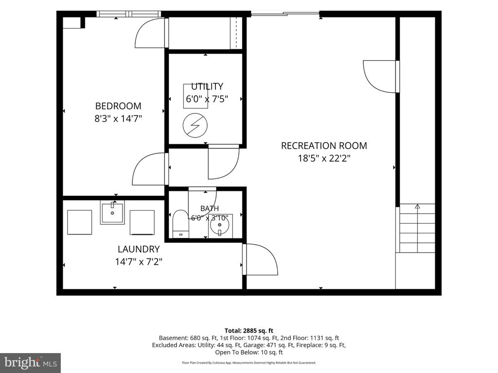 Basement floor plan showing a large recreation room, bedroom, laundry, utility room, and bathroom.