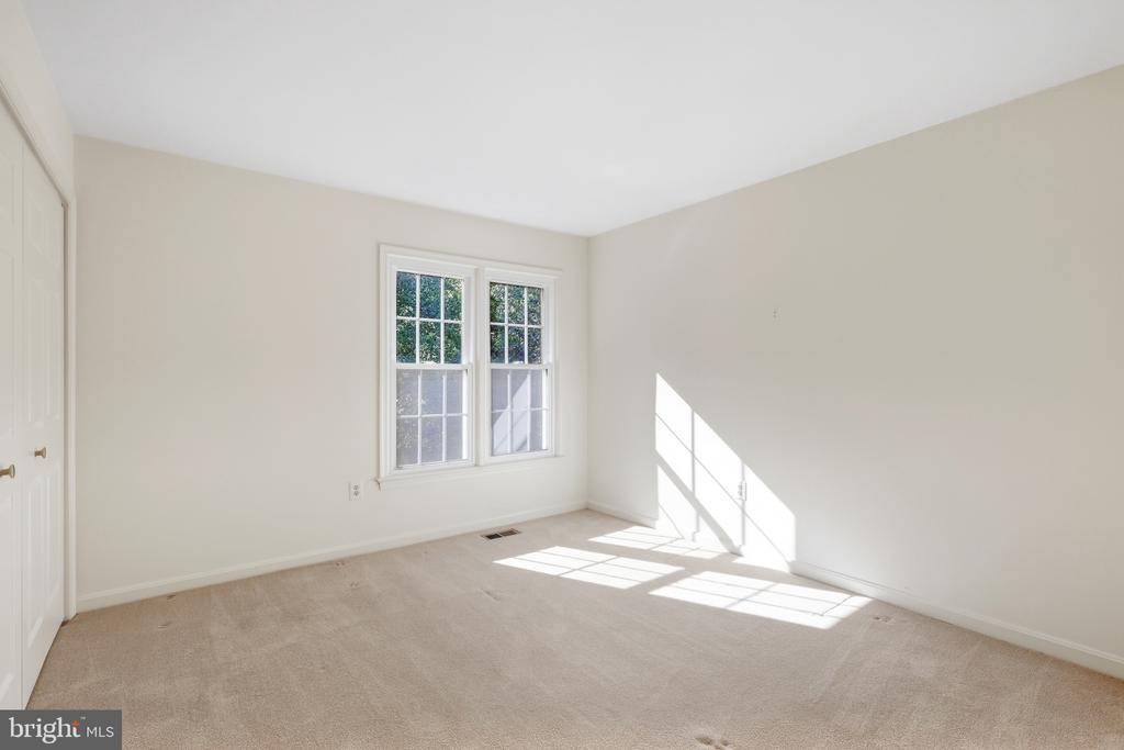 Empty bedroom with beige carpet, a double window, and bright sunlight across the floor.