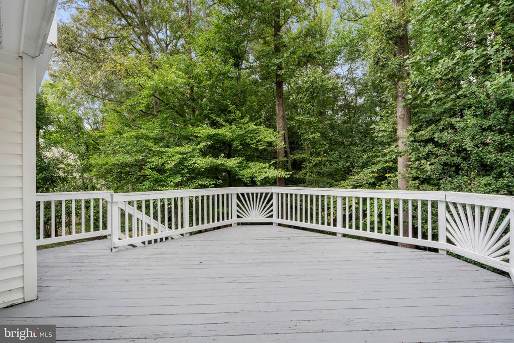 Gray deck with white railings overlooking dense woodland.