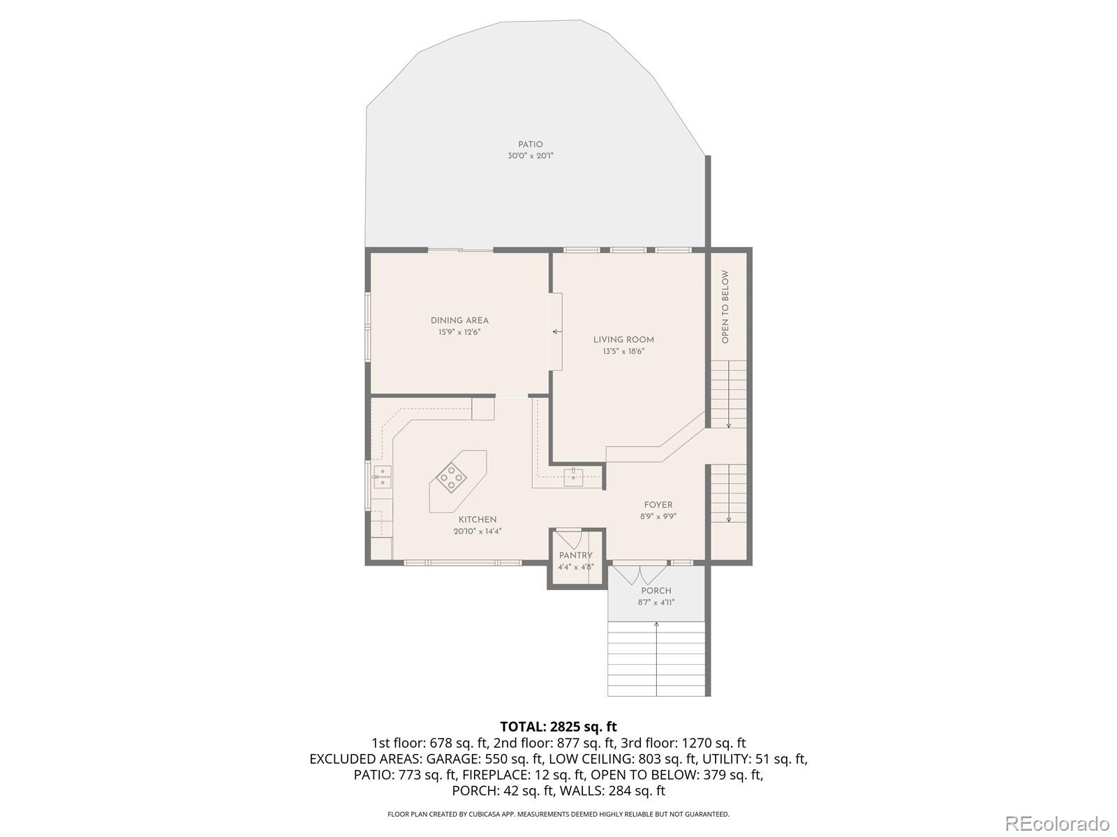 First-floor plan with kitchen, dining and living areas, foyer, porch, and large patio.