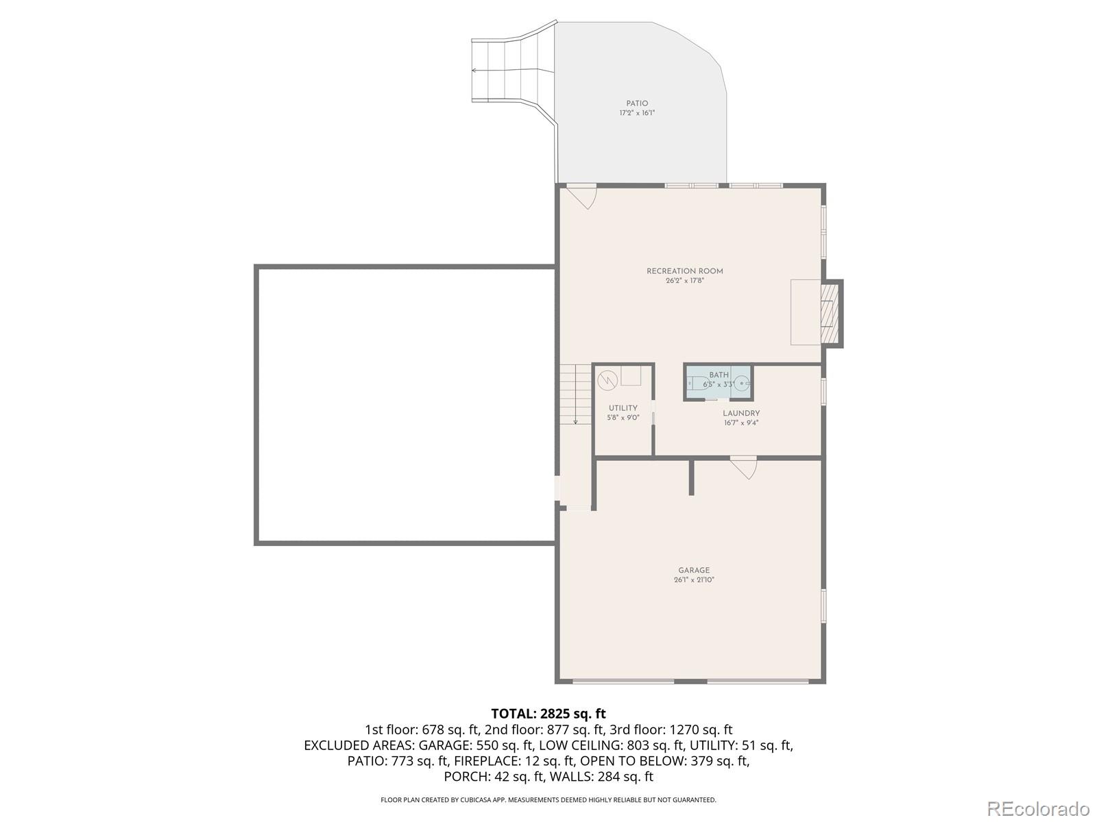 Floor plan showing a recreation room, laundry, bath, garage, and patio, with total area of 2,825 square feet.