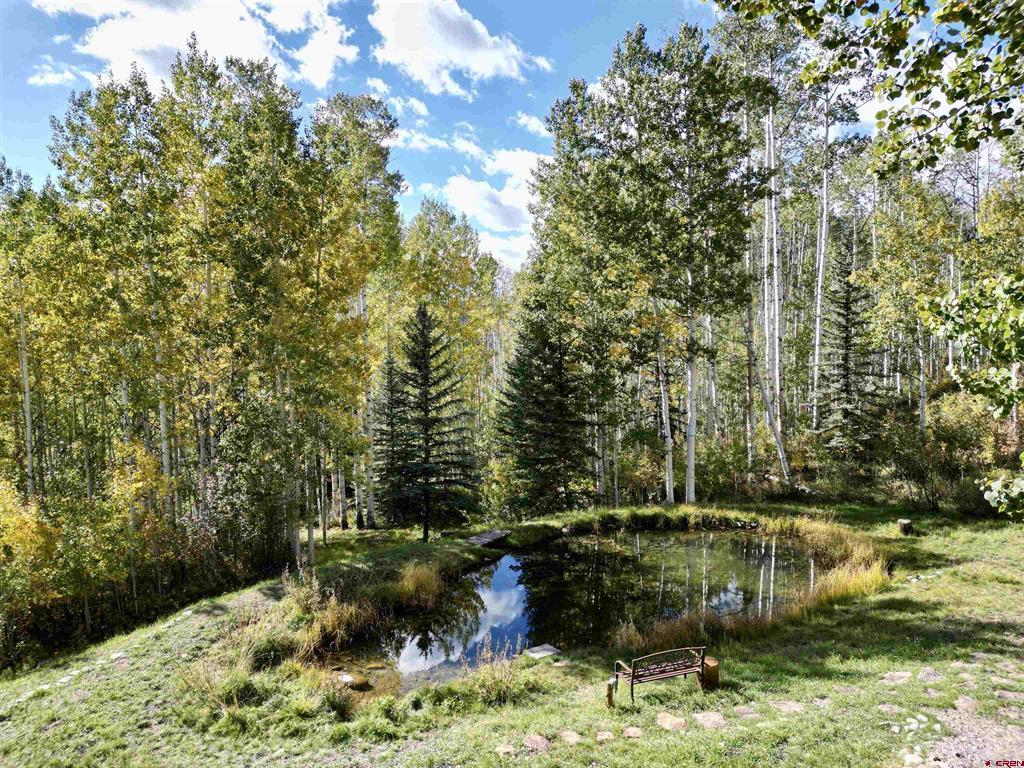 Wooded property pond bordered by autumn aspens, with a small bench beside the water.