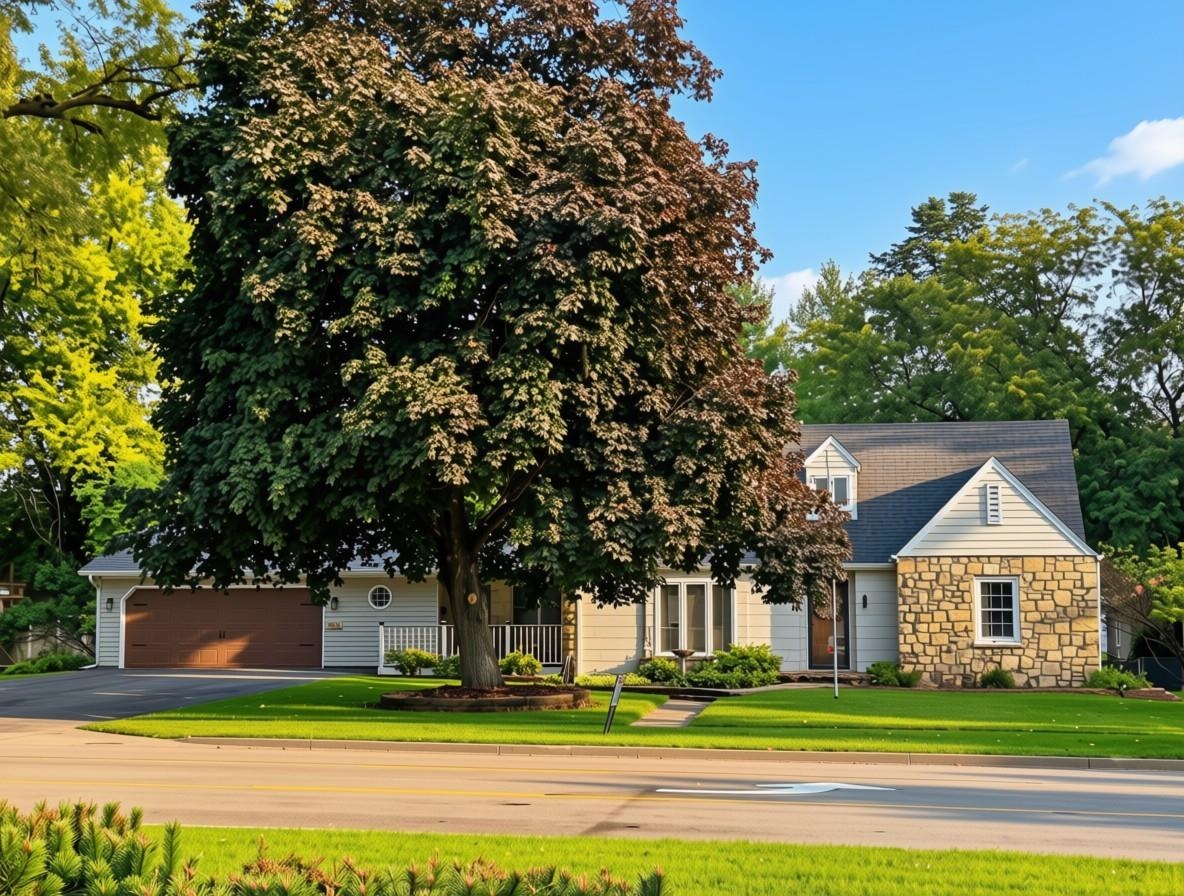 House with a stone-faced front gable and attached garage, shaded by a large red-leaved tree.