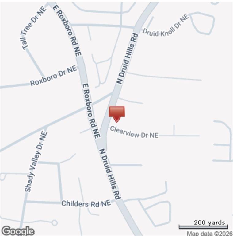 Map marking a location on N Druid Hills Road near Clearview Drive NE.